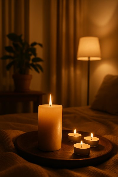 A softly lit candle and warm ambience in a calm, intimate room, creating a peaceful wellness atmosphere.