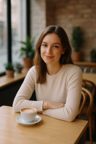 A natural-looking young woman sitting at a cafe table, smiling softly in warm natural light.