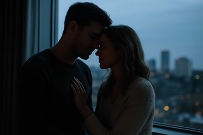 A young couple standing close together by a window at sunset, softly lit by warm golden light with a city skyline in the background.