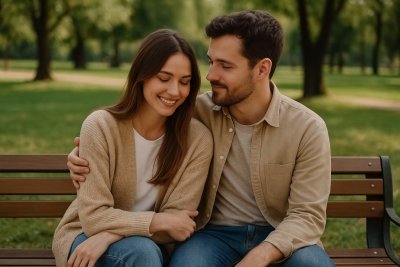 A young couple sitting close together on a park bench, smiling warmly at each other in natural daylight.