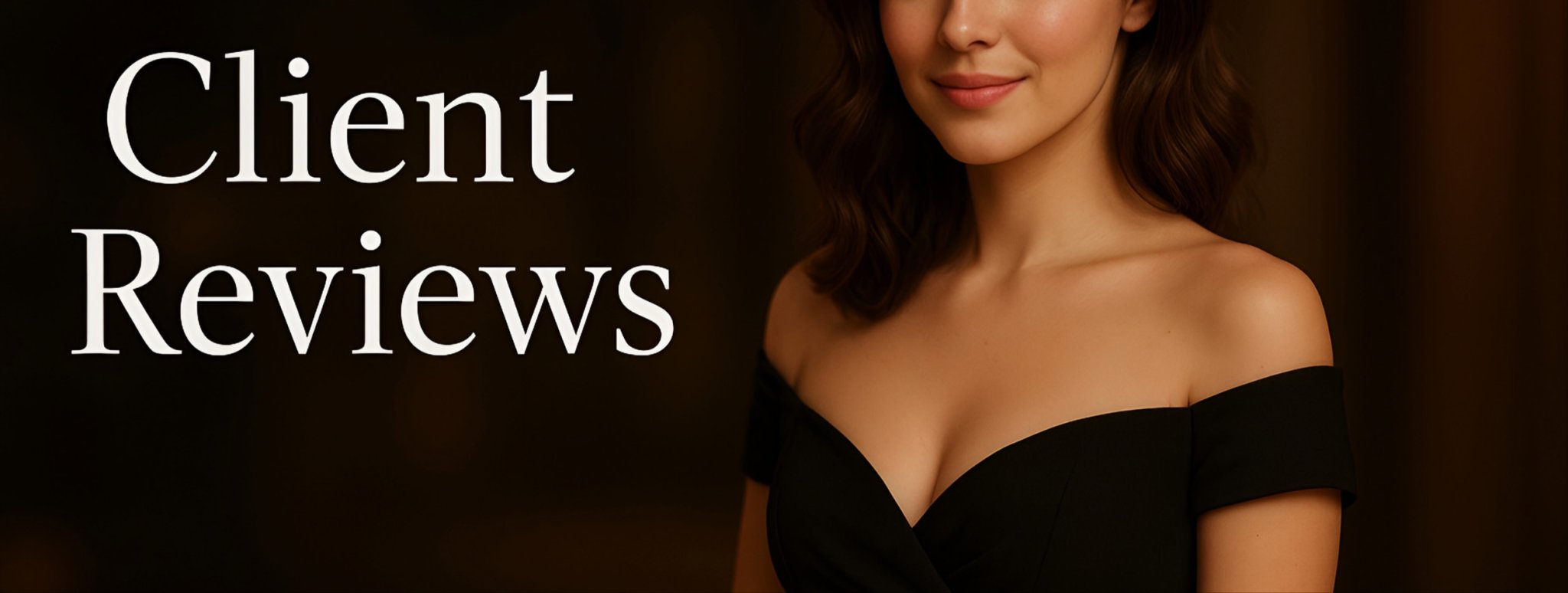 Elegant brunette woman in an off-the-shoulder black dress, smiling softly in warm lighting, with the words “Client Reviews” displayed on the left.