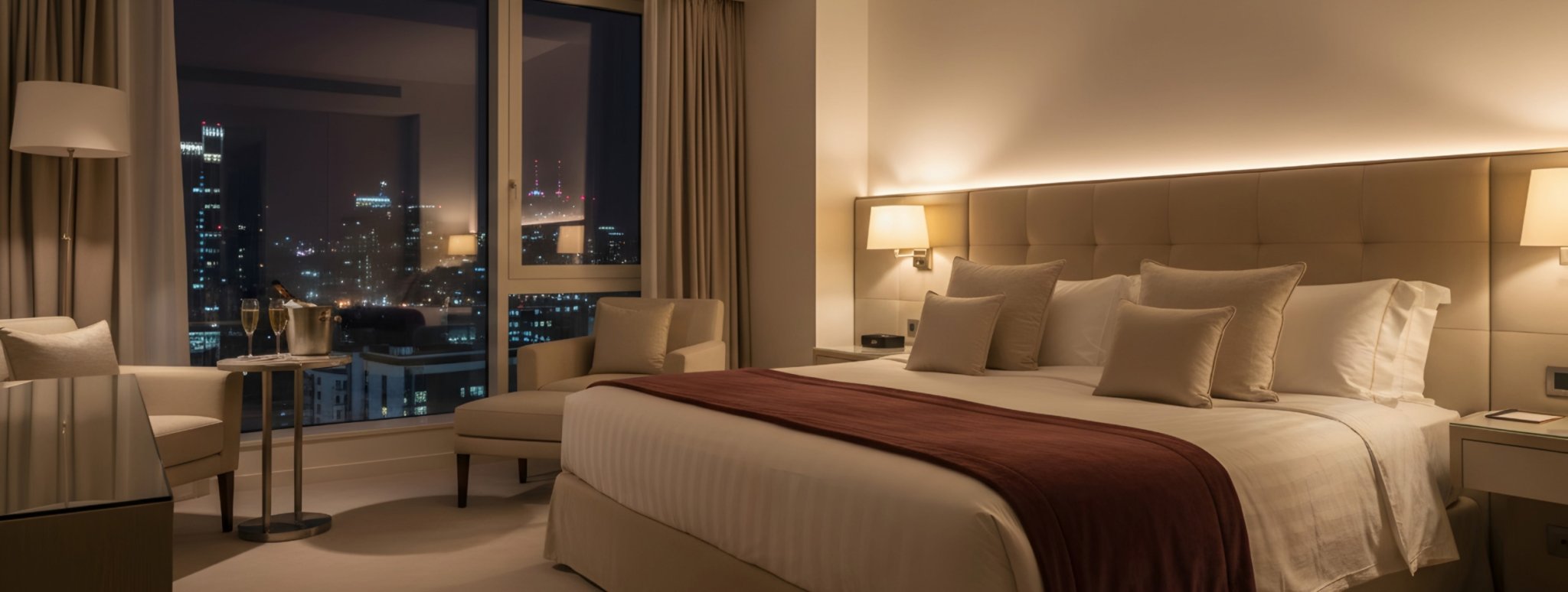 Luxury hotel suite with champagne and elegant setting for elite escort appointments