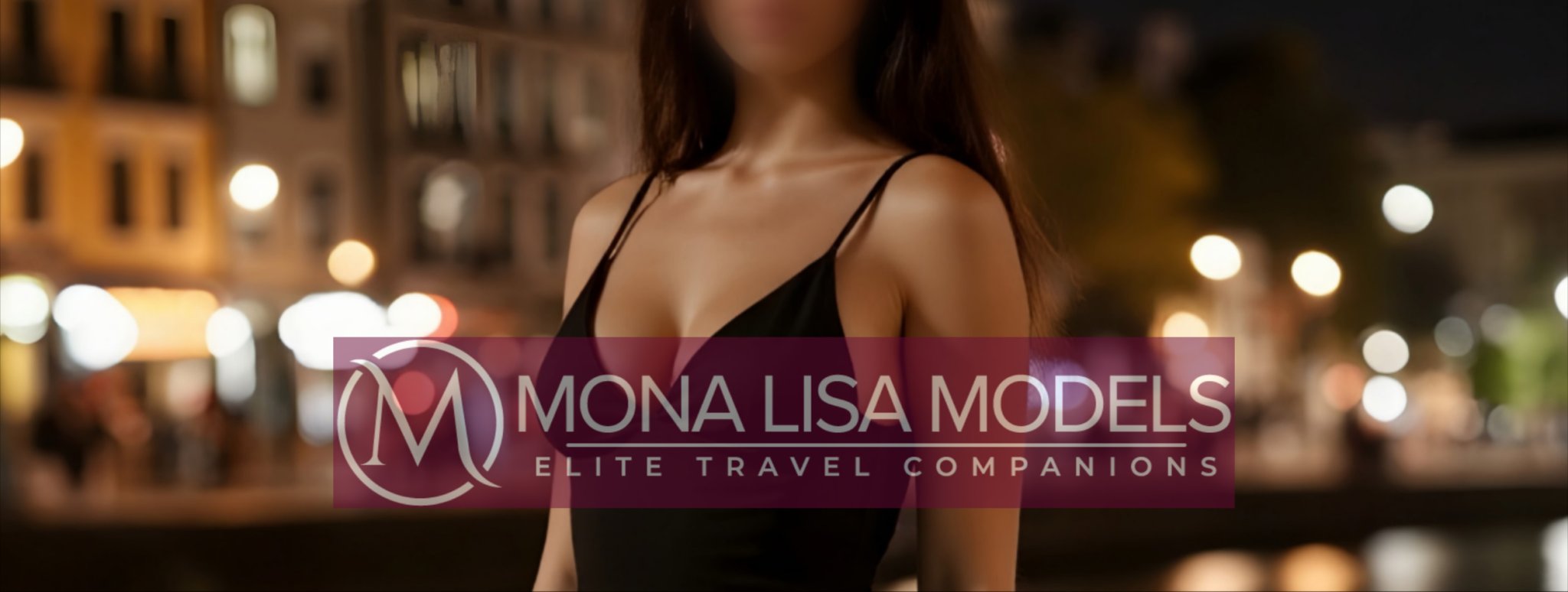 Erica poses gracefully in a black dress by the riverside at night, with city lights shimmering in the background and the elite dating agency logo subtly displayed.