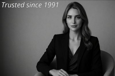 Black-and-white portrait of a young blonde woman in a blazer, seated in a modern chair, looking poised and confident against a plain backdrop