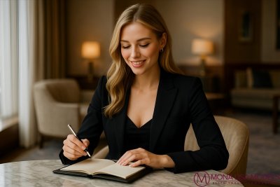 Blonde girl writing in a notebook on a round table