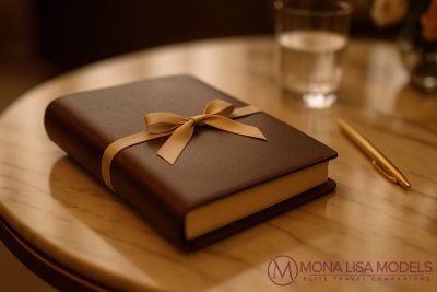 Book on a table with a ribbon across.
