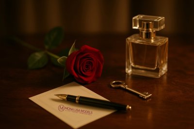 Hotel desk, red rose, perfume bottle - luxury Melbourne escorts guide