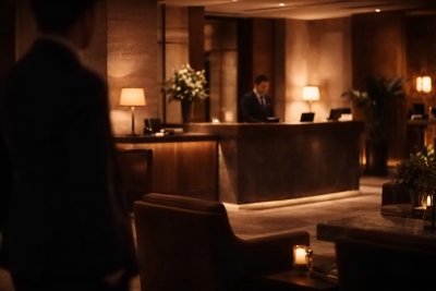 Quiet luxury hotel lobby conveying discretion, calm, and professional service