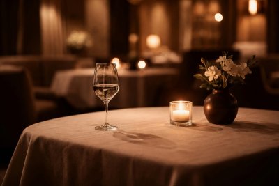 Minimal luxury table setting in a private, intimate evening atmosphere